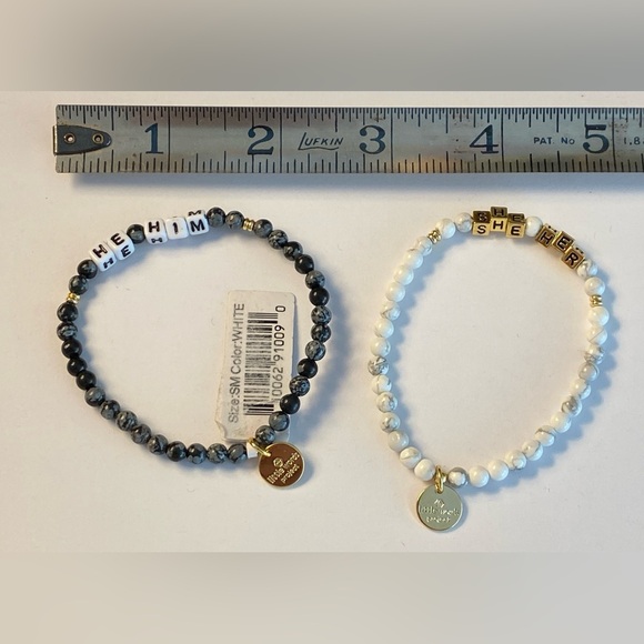 Little Words Project Bracelet - She/Her & He/Him - Black & White Beaded Stretch - Picture 2 of 8